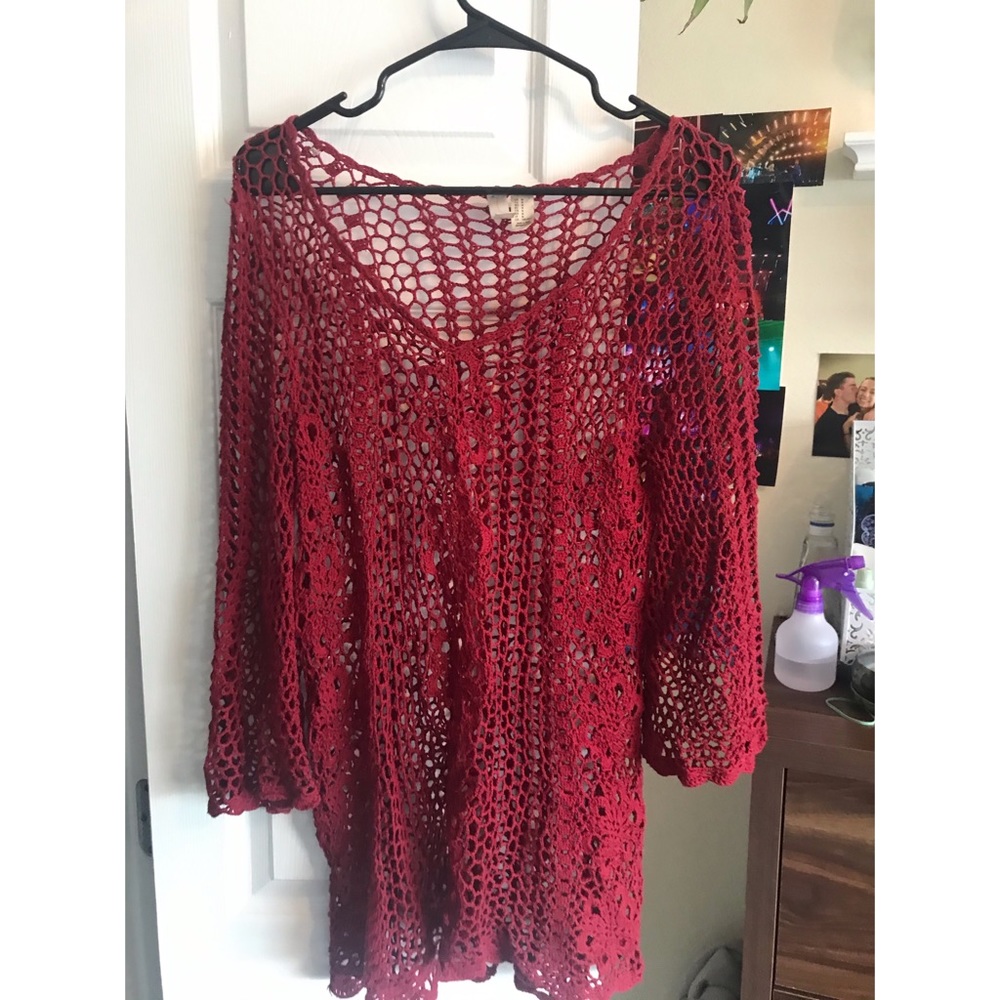 Forever 21 Crochet Red Longsleeve Coverup